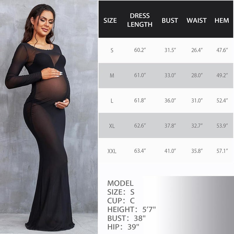 Bhome Maternity Photoshoot Dress Long Sleeve Sheer Mesh Maternity Maxi Gown Babyshower - Image 5